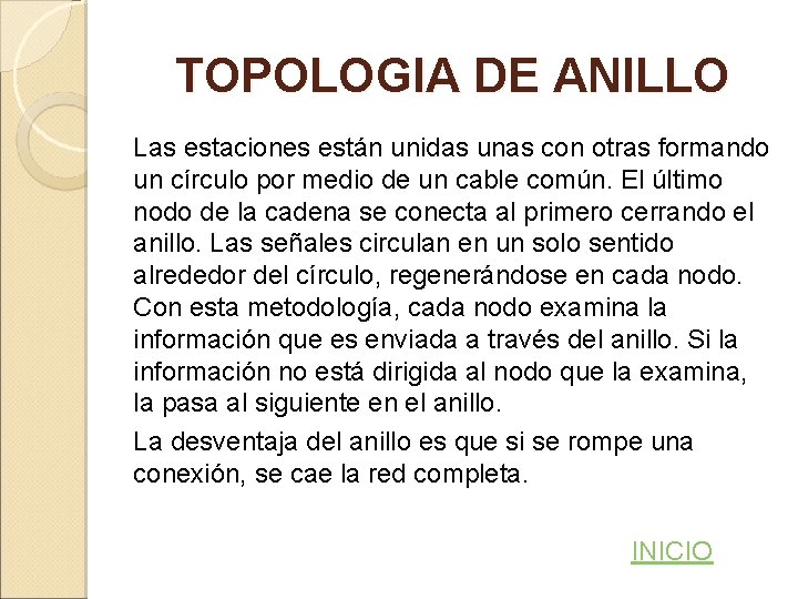 TOPOLOGIA DE ANILLO Las estaciones están unidas unas con otras formando un círculo por