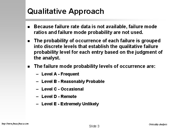 Qualitative Approach n Because failure rate data is not available, failure mode ratios and Qualitative Approach n Because failure rate data is not available, failure mode ratios and