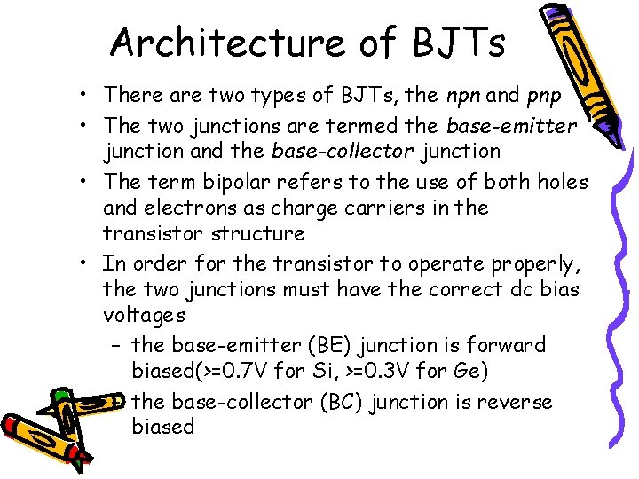 Architecture of BJTs • There are two types of BJTs, the npn and pnp