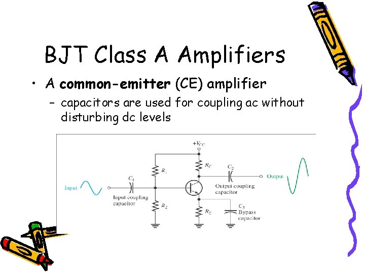 BJT Class A Amplifiers • A common-emitter (CE) amplifier – capacitors are used for