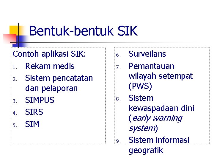 Bentuk-bentuk SIK Contoh aplikasi SIK: 1. Rekam medis 2. Sistem pencatatan dan pelaporan 3.