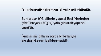 Dillerin sınıflandırılması iki yolla mümkündür. Bunlardan biri, dillerin yapısal özelliklerinden (özellikle şekil bilgisi) yola