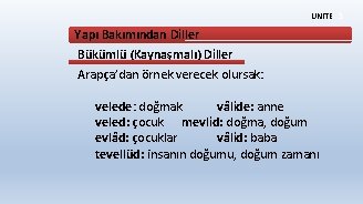 ÜNİTE 3 Yapı Bakımından Diller Bükümlü (Kaynaşmalı) Diller Arapça’dan örnek verecek olursak: velede: doğmak