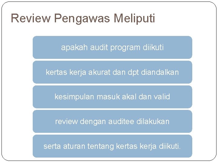 Review Pengawas Meliputi apakah audit program diikuti kertas kerja akurat dan dpt diandalkan kesimpulan