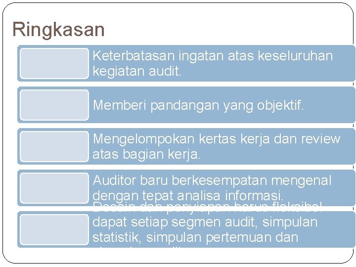 Ringkasan Keterbatasan ingatan atas keseluruhan kegiatan audit. Memberi pandangan yang objektif. Mengelompokan kertas kerja