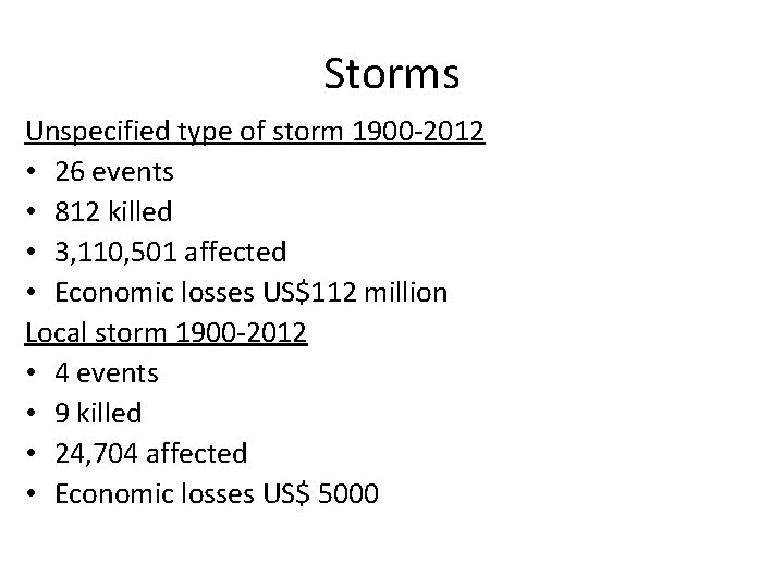 Storms Unspecified type of storm 1900 -2012 • 26 events • 812 killed •
