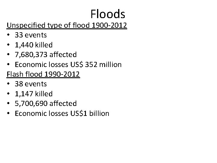Floods Unspecified type of flood 1900 -2012 • 33 events • 1, 440 killed