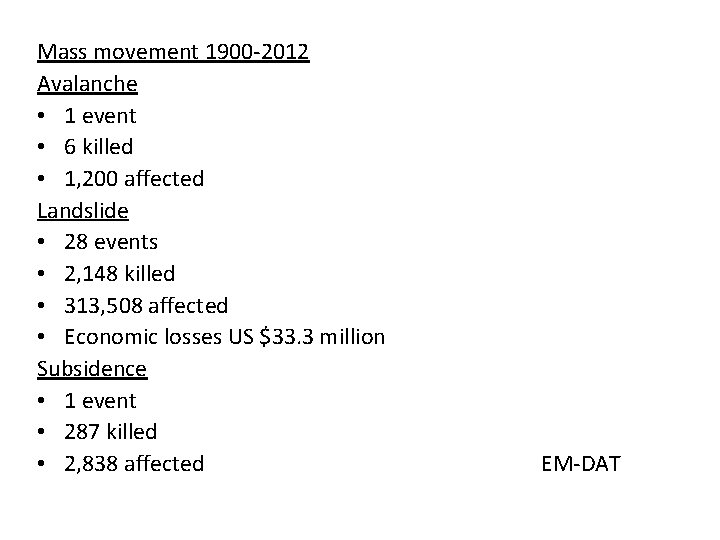 Mass movement 1900 -2012 Avalanche • 1 event • 6 killed • 1, 200