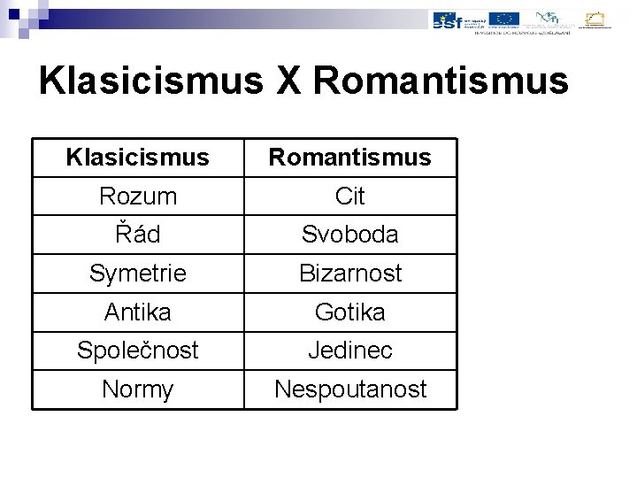 Klasicismus X Romantismus Klasicismus Romantismus Rozum Cit Řád Svoboda Symetrie Bizarnost Antika Gotika Společnost