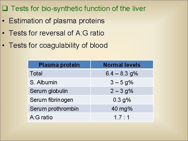 q Tests for bio-synthetic function of the liver • Estimation of plasma proteins •