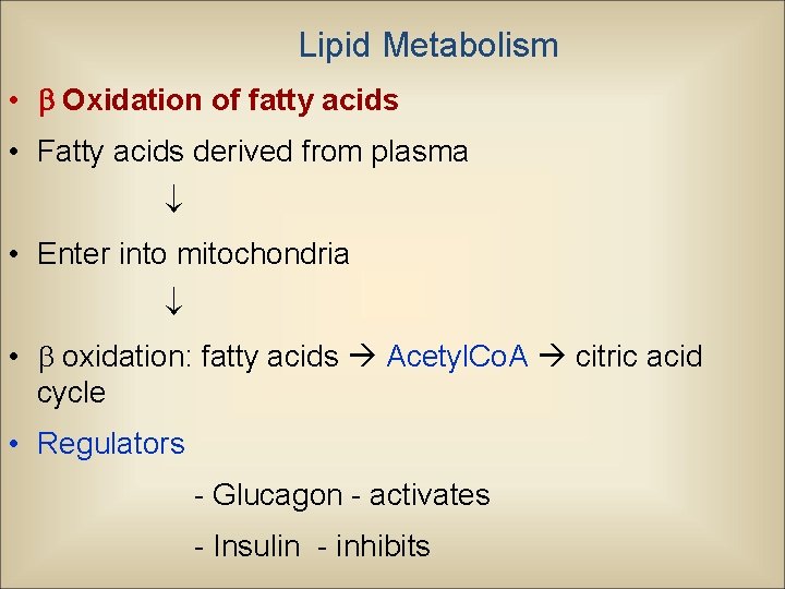 Lipid Metabolism • Oxidation of fatty acids • Fatty acids derived from plasma •