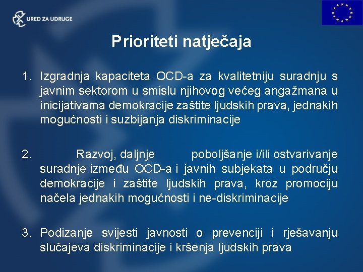 Prioriteti natječaja 1. Izgradnja kapaciteta OCD-a za kvalitetniju suradnju s javnim sektorom u smislu