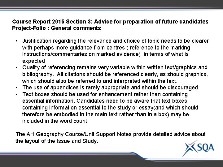 Course Report 2016 Section 3: Advice for preparation of future candidates Project-Folio : General
