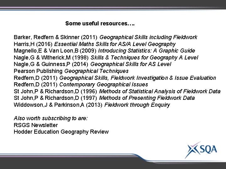 Some useful resources…. Barker, Redfern & Skinner (2011) Geographical Skills including Fieldwork Harris, H