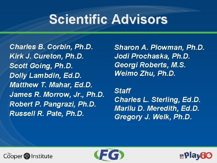 Scientific Advisors Charles B. Corbin, Ph. D. Kirk J. Cureton, Ph. D. Scott Going,