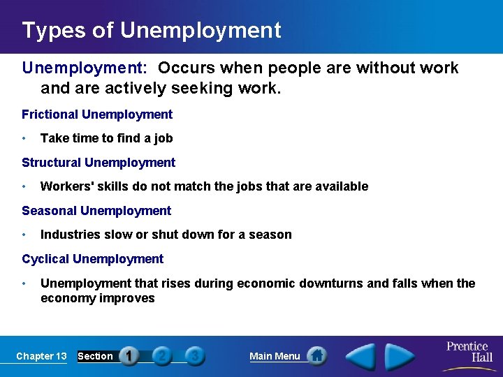 Types of Unemployment: Occurs when people are without work and are actively seeking work.