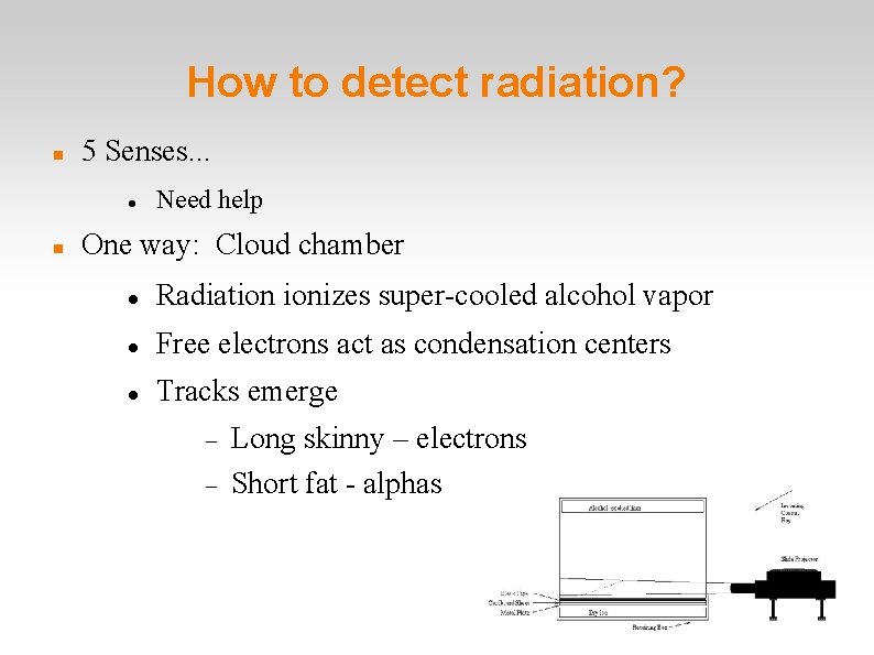 How to detect radiation? 5 Senses. . . Need help One way: Cloud chamber