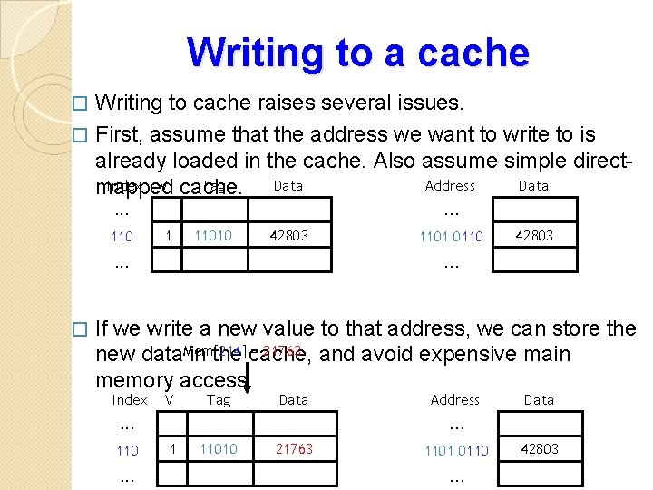 Writing to a cache Writing to cache raises several issues. � First, assume that