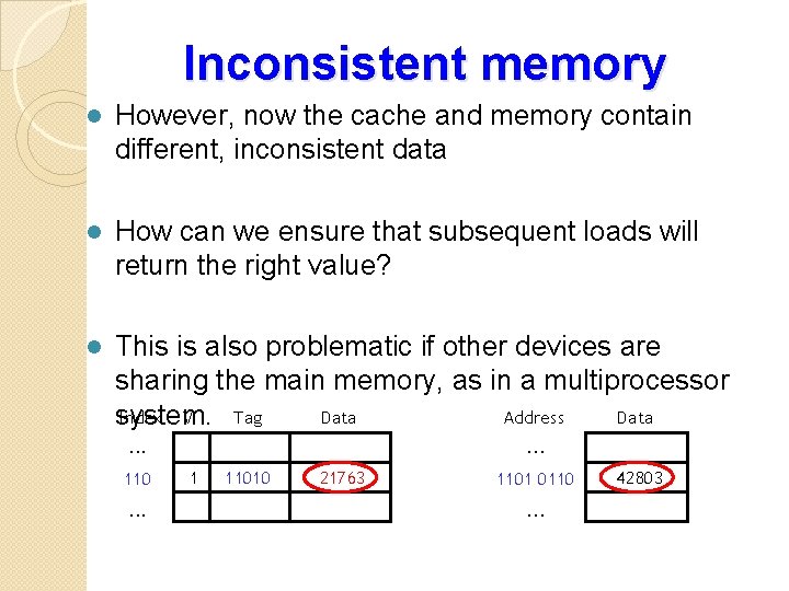 Inconsistent memory l However, now the cache and memory contain different, inconsistent data l