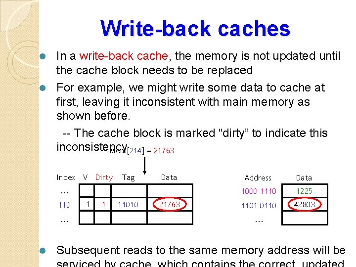 Write-back caches In a write-back cache, the memory is not updated until the cache