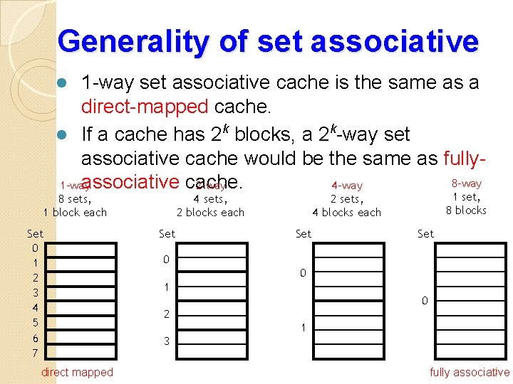 Generality of set associative 1 -way set associative cache is the same as a