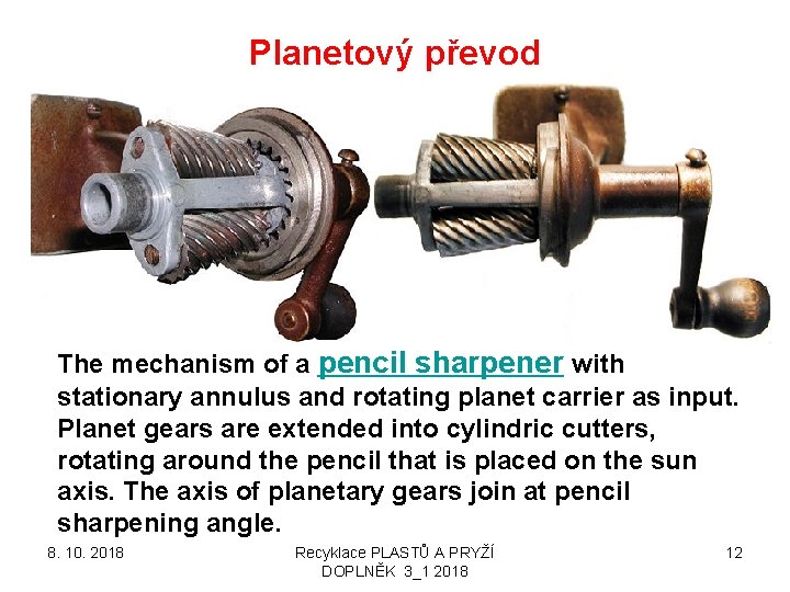 Planetový převod The mechanism of a pencil sharpener with stationary annulus and rotating planet