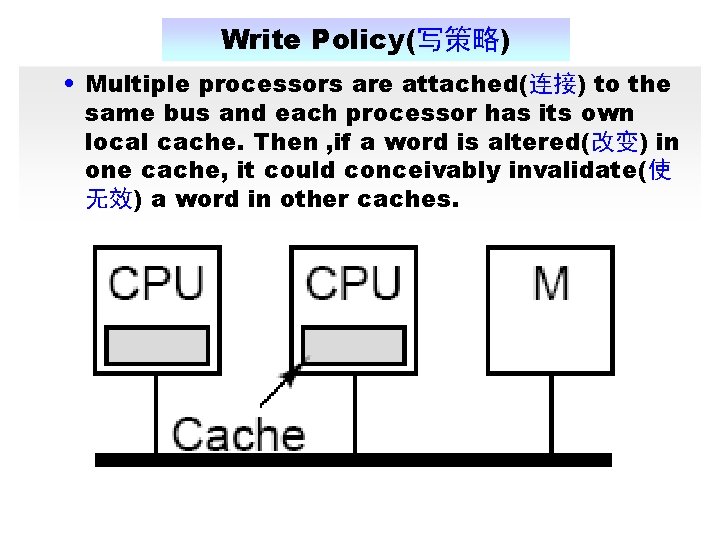 Write Policy(写策略) • Multiple processors are attached(连接) to the same bus and each processor