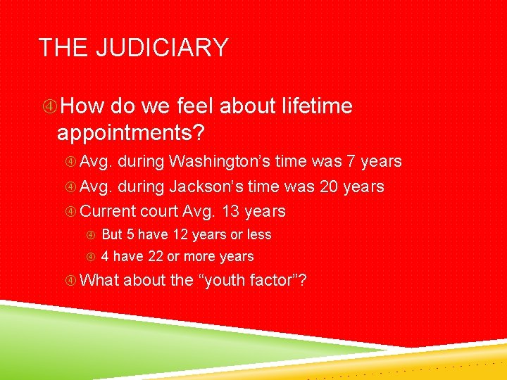 THE JUDICIARY How do we feel about lifetime appointments? Avg. during Washington’s time was