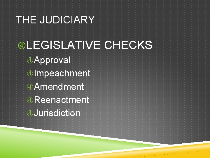 THE JUDICIARY LEGISLATIVE CHECKS Approval Impeachment Amendment Reenactment Jurisdiction 