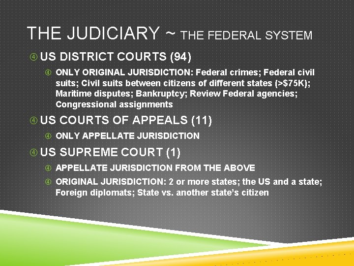 THE JUDICIARY ~ THE FEDERAL SYSTEM US DISTRICT COURTS (94) ONLY ORIGINAL JURISDICTION: Federal