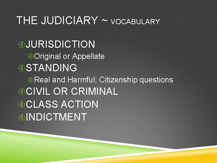 THE JUDICIARY ~ VOCABULARY JURISDICTION Original or Appellate STANDING Real and Harmful; Citizenship questions