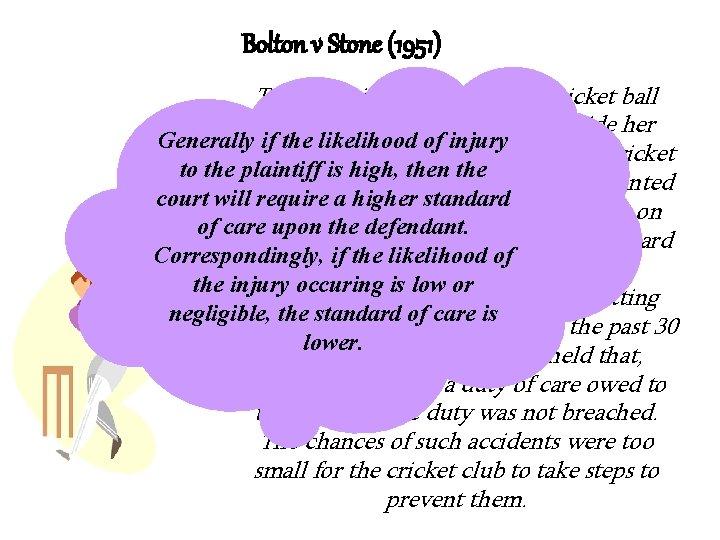 Bolton v Stone (1951) The plaintiff was struck by a cricket ball while standing Bolton v Stone (1951) The plaintiff was struck by a cricket ball while standing