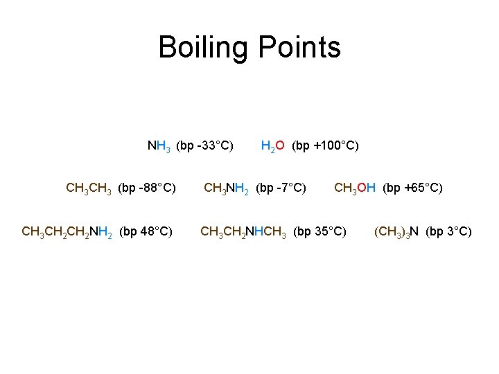 Boiling Points NH 3 (bp -33°C) CH 3 (bp -88°C) CH 3 CH 2