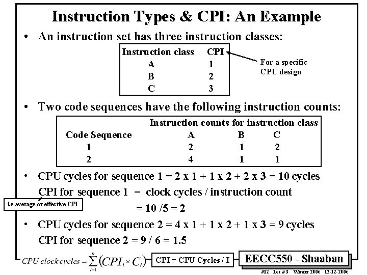 Instruction Types & CPI: An Example • An instruction set has three instruction classes: Instruction Types & CPI: An Example • An instruction set has three instruction classes: