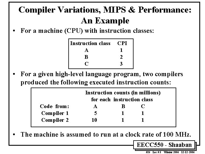 Compiler Variations, MIPS & Performance: An Example • For a machine (CPU) with instruction Compiler Variations, MIPS & Performance: An Example • For a machine (CPU) with instruction