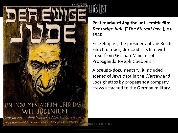 Poster advertising the antisemitic film Der ewige Jude ("The Eternal Jew"), ca. 1940 Fritz