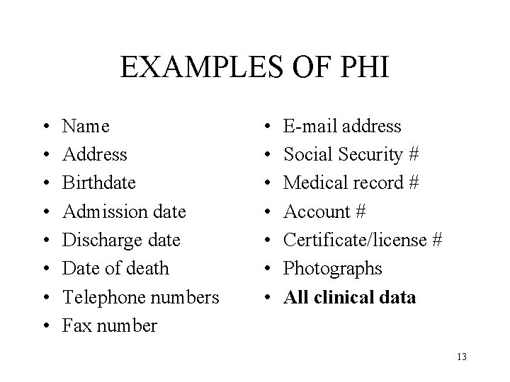 EXAMPLES OF PHI • • Name Address Birthdate Admission date Discharge date Date of