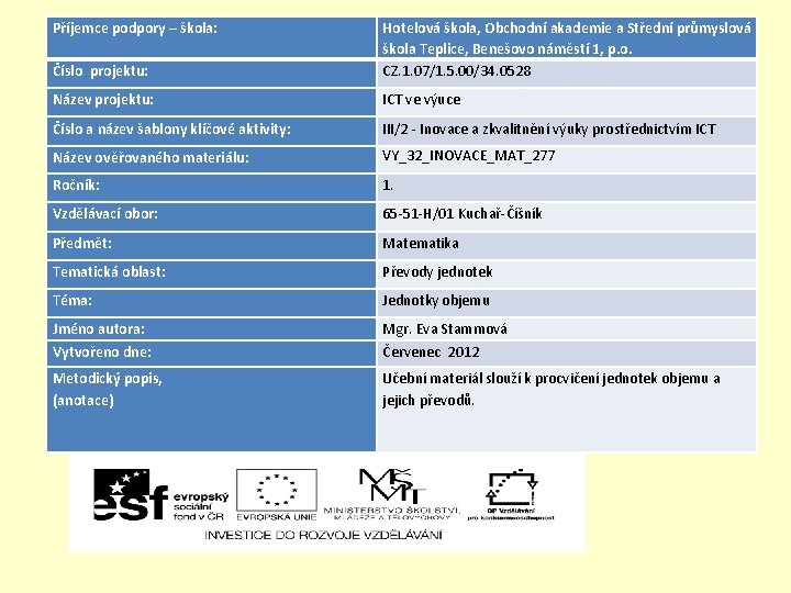 Příjemce podpory – škola: Číslo projektu: Hotelová škola, Obchodní akademie a Střední průmyslová škola