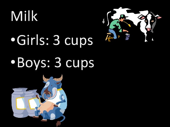 Milk • Girls: 3 cups • Boys: 3 cups 
