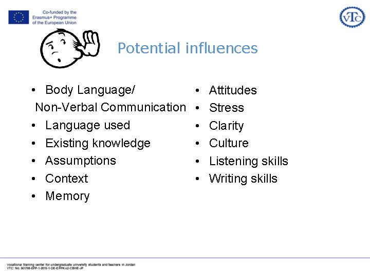 Potential influences • Body Language/ Non-Verbal Communication • Language used • Existing knowledge •