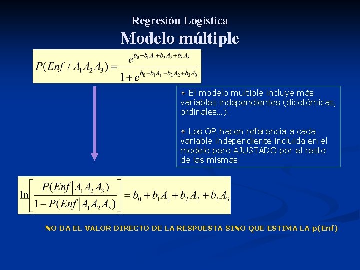 Regresión Logística Modelo múltiple El modelo múltiple incluye más variables independientes (dicotómicas, ordinales…). Los