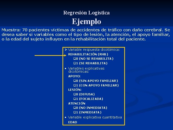 Regresión Logística Ejemplo Muestra: 70 pacientes víctimas de accidentes de tráfico con daño cerebral.