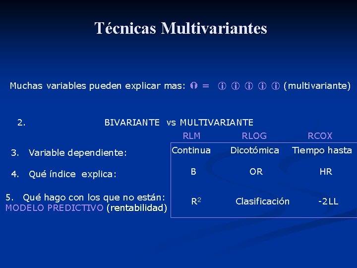 Técnicas Multivariantes . Muchas variables pueden explicar mas: = (multivariante) 2. BIVARIANTE vs MULTIVARIANTE