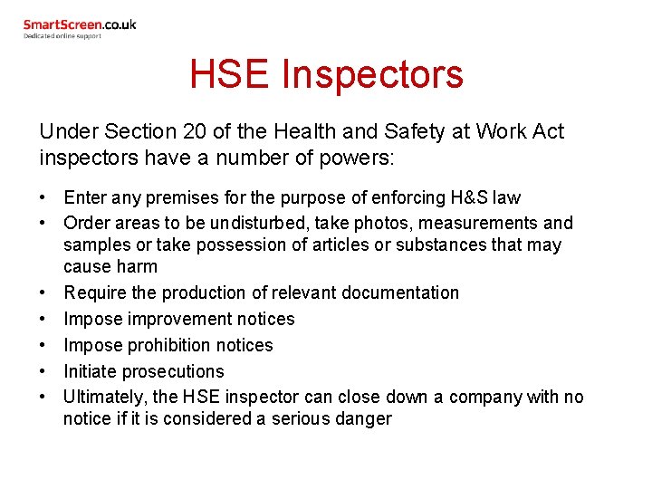 HSE Inspectors Under Section 20 of the Health and Safety at Work Act inspectors