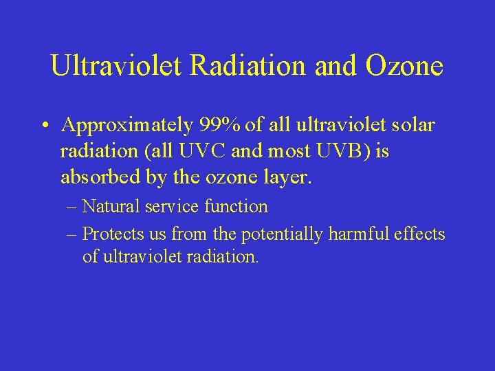 Ultraviolet Radiation and Ozone • Approximately 99% of all ultraviolet solar radiation (all UVC