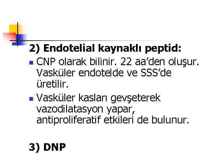 2) Endotelial kaynaklı peptid: n CNP olarak bilinir. 22 aa’den oluşur. Vasküler endotelde ve