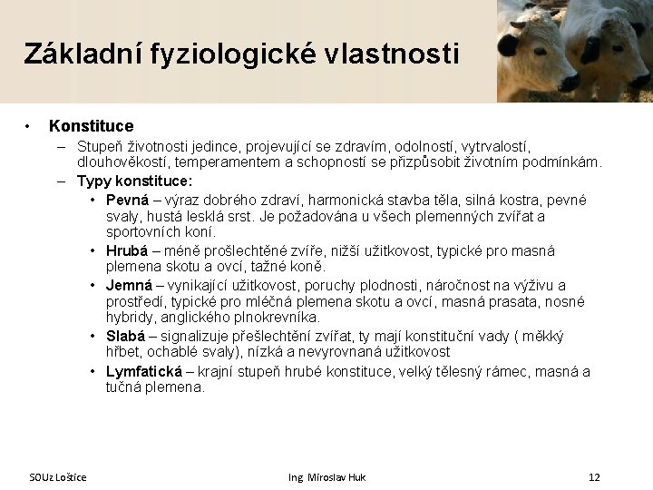 Základní fyziologické vlastnosti • Konstituce – Stupeň životnosti jedince, projevující se zdravím, odolností, vytrvalostí,