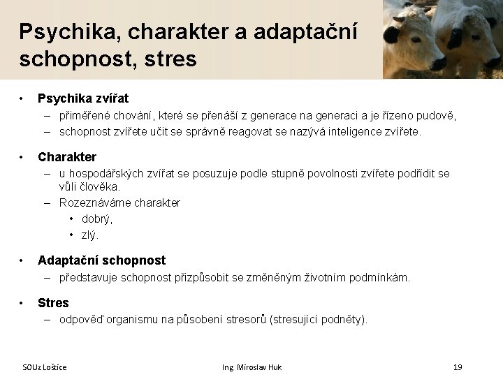 Psychika, charakter a adaptační schopnost, stres • Psychika zvířat – přiměřené chování, které se