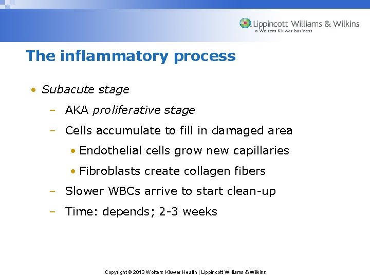 The inflammatory process • Subacute stage – AKA proliferative stage – Cells accumulate to