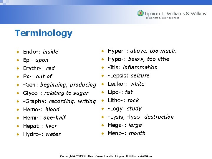 Terminology • Endo-: inside • Hyper-: above, too much. • Epi- upon • Hypo-:
